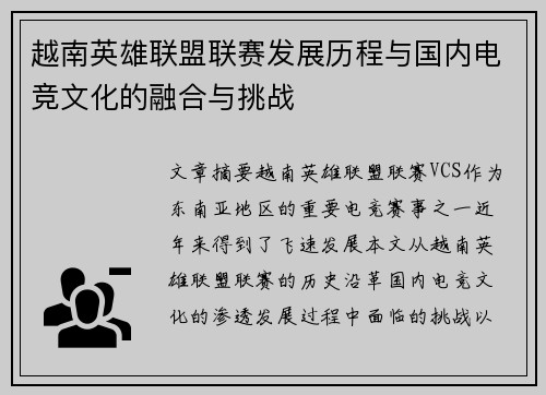 越南英雄联盟联赛发展历程与国内电竞文化的融合与挑战