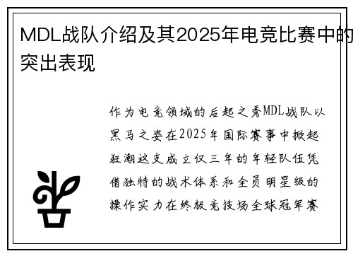 MDL战队介绍及其2025年电竞比赛中的突出表现