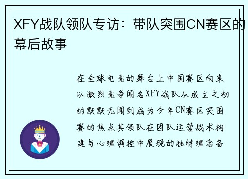 XFY战队领队专访：带队突围CN赛区的幕后故事